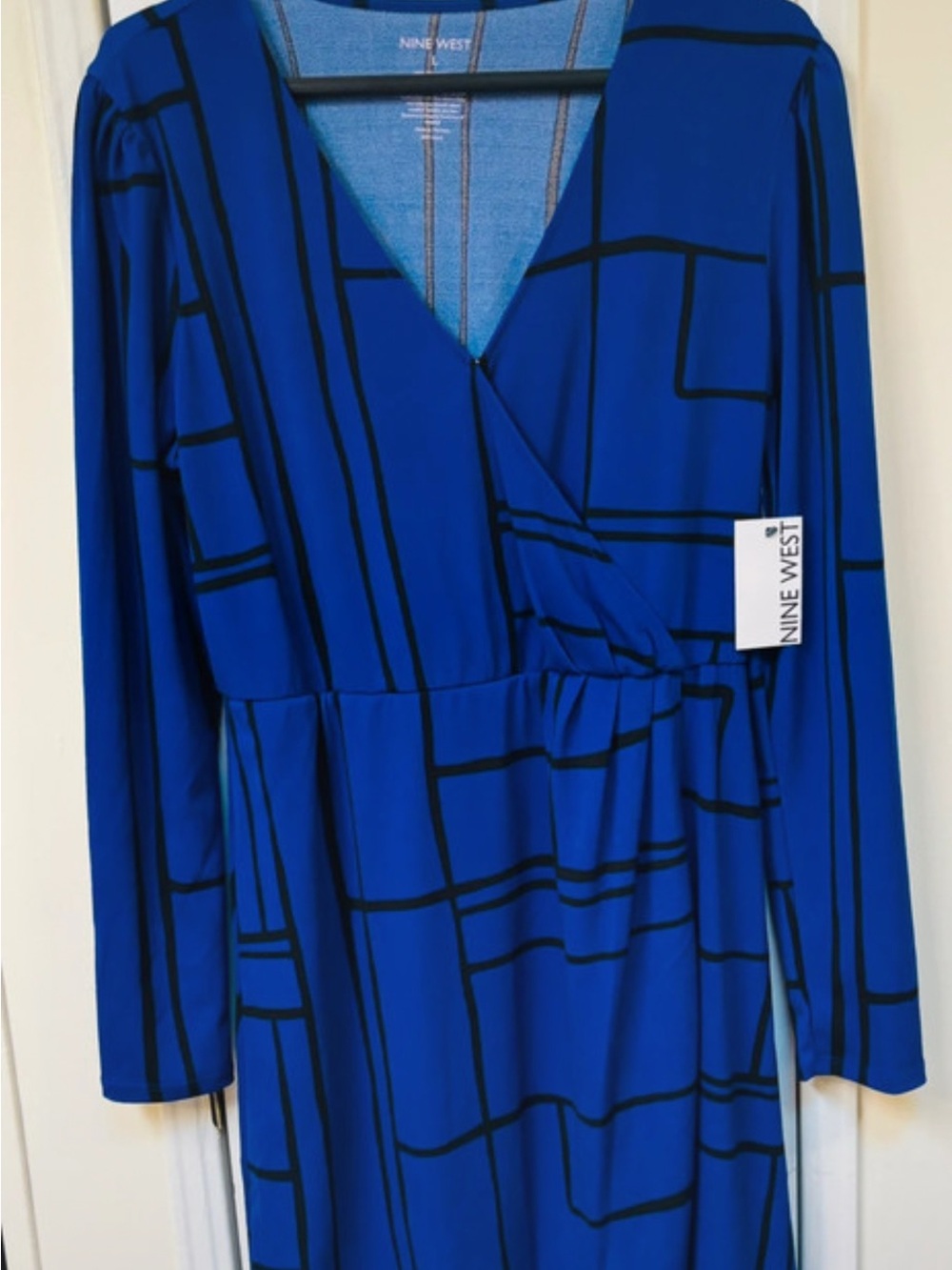 Nine West Electric Blue Long-Sleeve Faux-Wrap Dress with Black Grid